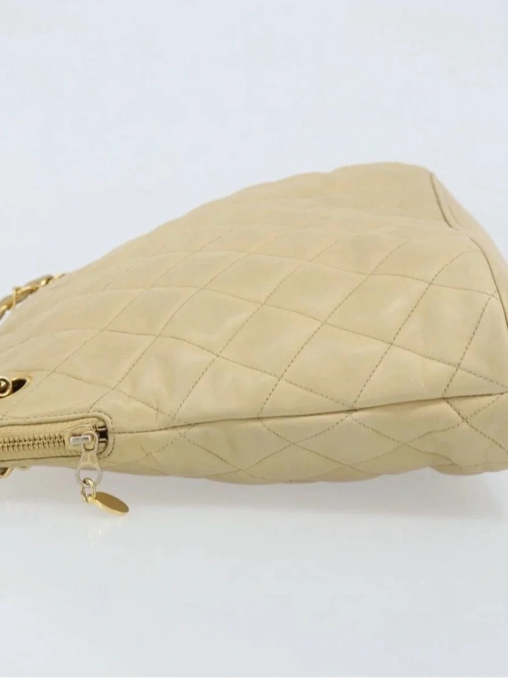 CHANEL Matelasse Chain Shoulder Tote Bag Lamb Skin Beige Gold CC Auth